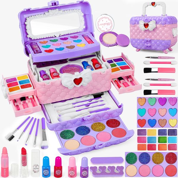 54 Pcs Kids Makeup Kit for Girls, Princess Real Washable Pretend Play Cosmetic Set Toys with Mirror, Non-Toxic & Safe, Birthday Gifts for 3 4 5 6 7 8 9 10+Years Old Girls Kids (Light Purple)