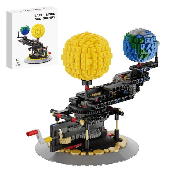 Earth Moon and Sun Orrery Toy Building Sets - Earth Rotation Around Sun Building Bricks-Rotatable Solar System Model, Compatible for Lego Space, Science Educational Architecture Toys for 6+ Kids