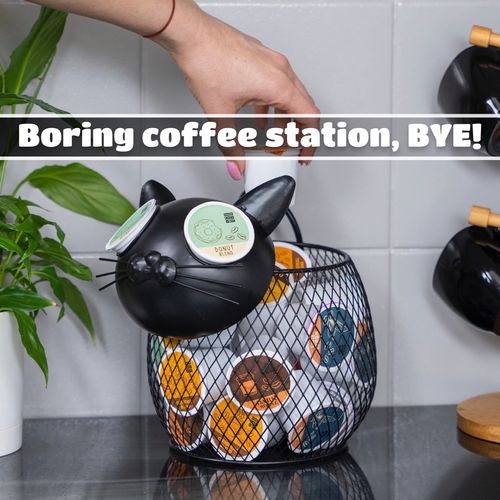 Made Easy Kit Coffee Pod Organizer - Home Coffee Bar Functional Décor - Café Station Countertop Storage Accessories (Black Cat)
