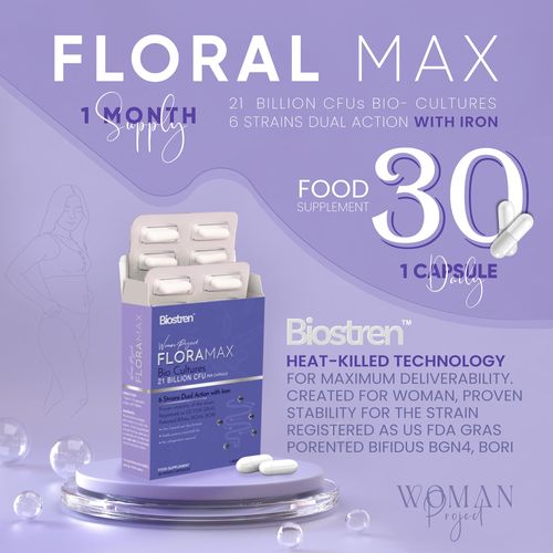 BIOSTREN Floramax Bio Cultures for Women – 30 Capsules 21 Billion CFU Womens Probiotics PH Balance for Women – 6 Strains Dual Action Dietary Supplement with Iron – Protects Intimate Flora