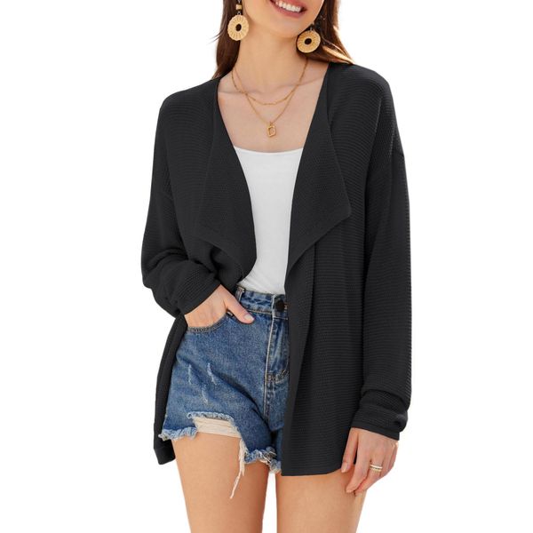 GRACE KARIN Women Casual Open Front Mesh Cardigan Summer Long Sleeve Lightweight Cardigan Black S