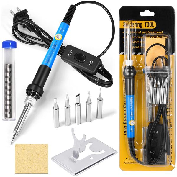 9-in-1 Soldering Kits, [Upgraded] 60W Adjustable Temperature Welding Tool with ON-Off Switch, 5pcs Soldering Iron Tips, Solder Wire, Y Type Soldering Iron Stand (Light Blue)