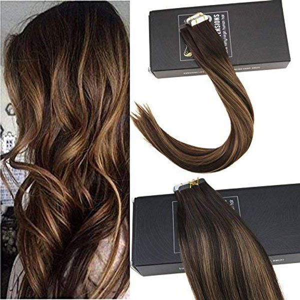 Sunny Invisible Tape in Hair Extensions Real Human Hair Brown Balayage Tape ins Remy Hair Extensions Balayage Darkest Brown Ombre Light Brown Natural Human Hair Tape Extensions 18in 20pcs 50g