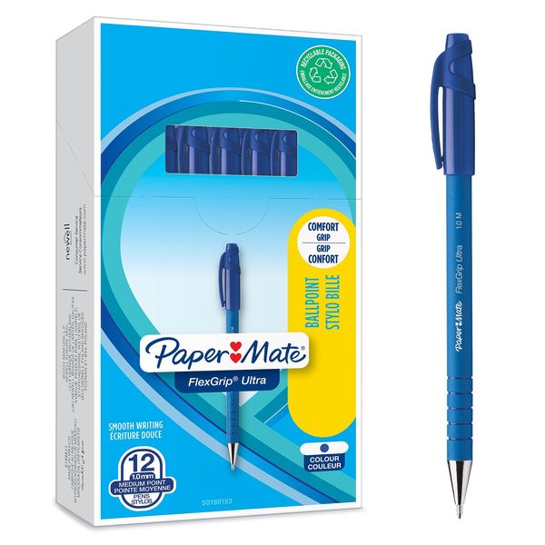 Paper Mate Flexgrip Ultra Ballpoint Pens, Medium Point (1.0 mm), Blue, 12 Count