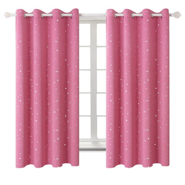 BGment Pink Star Blackout Curtains for Kid's Bedroom - Grommet Thermal Insulated Room Darkening Printed Curtains for Living Room, Set of 2 Panels, 52 x 63 Inch