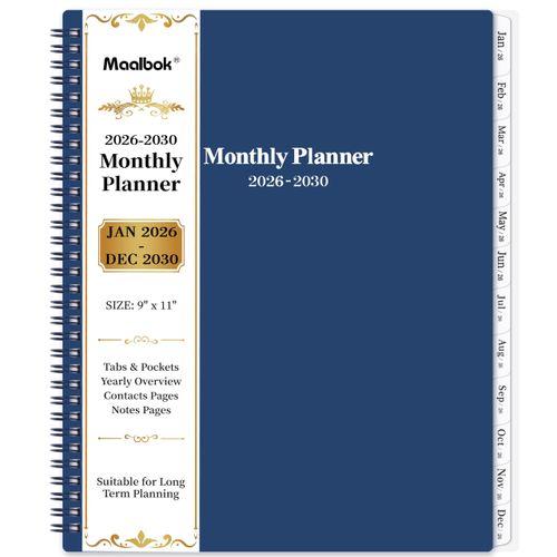 2026-2030 Monthly Planner/Calendar - Jan 2026 - Dec 2030, 5 Year Planner with Tabs & Celebrity Quotes, 9" x 11", 60 Monthly Calendar 2026-2030, Two-Side Pocket, Suitable for Long-Term Planning - Blue