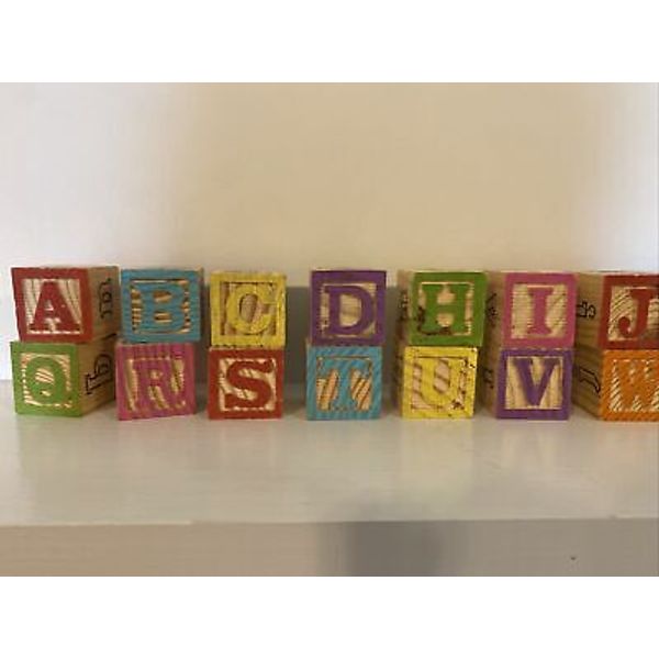 Wooden Alphabet Blocks Toy Set of 26 1-1/4” Square Each With Pictures