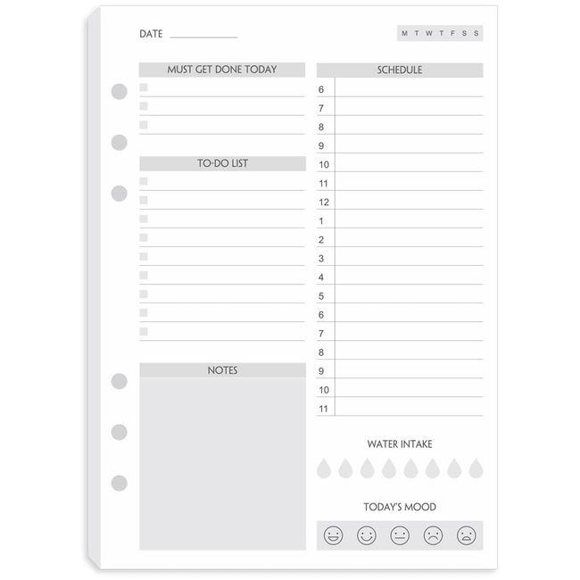 (Set of 90 Sheets) A5 To Do List Refill Paper, Undated Daily Schedule, Day Priorities, Notes and Water Tracker, 6-Hole Punches, 5.82"x8.26"