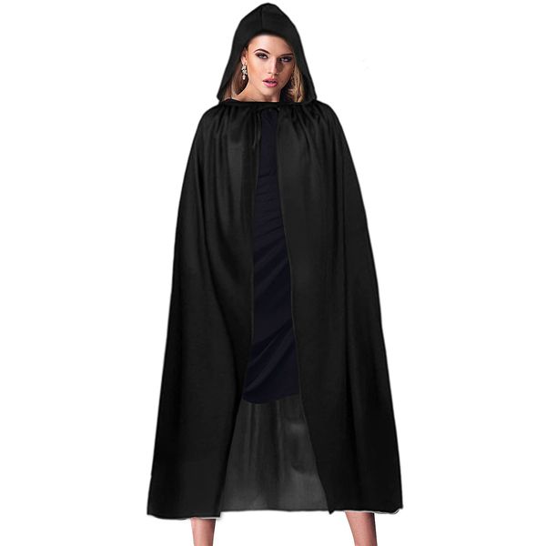 Zngou 1 Pc Black Hooded Cape, 140cm Halloween Hooded Cloak Long Black Cape Hooded Robe Cloak Grim Reaper Cape for Men Women Adult Kids Halloween Christmas Witch Vampires Costume Cosplay Party