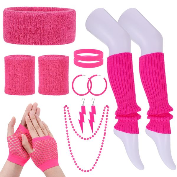 Radsocken 80s Fancy Dress Costumes Accessories,80s Headband and Wristband Sweatbands Leg Warmers Set for Women and Girls Neon Necklaces Fishnet Gloves Earrings for RetroThem Party Supplies(RoseRed)