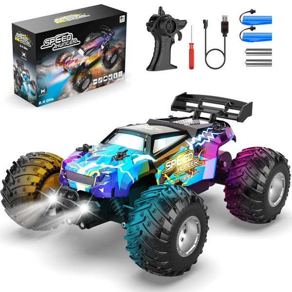 AONEPTR Remote Control Car, All Terrain Remote Control Truck for Boy, 2.4GHz Rc Car with Bodylight and Two Rechargeable Batteries, 20KM/H Monster Truck Toys for Ages 4-7, 8-12