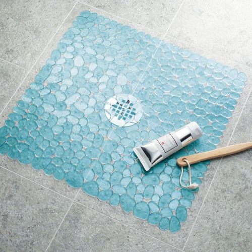 iDesign Pebblz Suction Non-Slip Square Bath Mat for Shower, Bathtub, Stall, 22" x 22", Blue