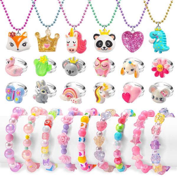 Toddler Girls Jewelry Age 2-4 3-5, Kids Play Jewelry Set for Little Girl 3 Year Old, Dress Up Necklaces Rings Bracelets Costume Jewelry Toddlers Children Jewels 4-6 6-8 4 5 6 7 Years Girl Accessories