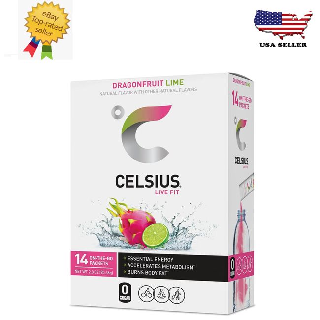 CELSIUS on-the-go Essential Energy Drink Mix, Dragonfruit Lime (14 Stick Pack)