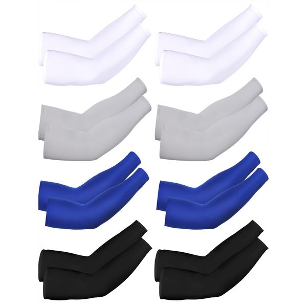 8 Pairs Unisex UV Protection Arm Cooling Sleeves Ice Silk Arm Cover (White Black Grey Blue, Ice Silk)