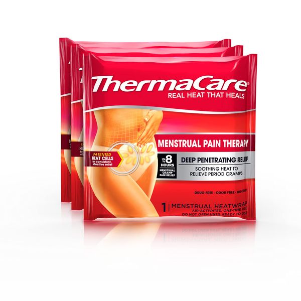 ThermaCare Portable Heating Pad, Menstrual Pain Relief Patches, Discreet Heat Wrap, 3 Count