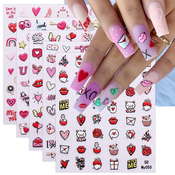 JMEOWIO 6 Fogli 3D San Valentino Cuore Adesivi Unghie Nail Art, Stickers Unghie Autoadesivi 5D Decorazioni Unghie Nail Art Disegni