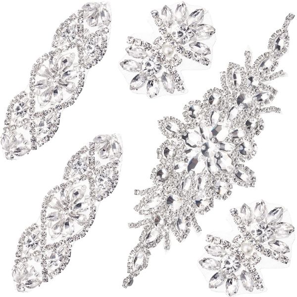 5 Pcs Crystal Rhinestone Applique Silver Wedding Applique Iron on Rhinestone Sash Applique Rhinestone Hair Applique for Bridal Wedding Dress Clothes Shoes(Exquisite Style)