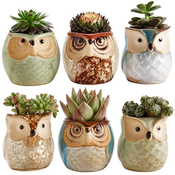 SUN-E SE Owl Pot Ceramic Flowing Glaze Base Serial Set Succulent Plant Pot Cactus Plant Pot Flower Pot Container Planter with Drainage Hole Home Office Desk Garden Gift Idea 6pcs 2.5 Inch