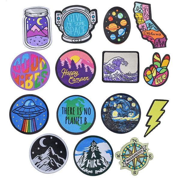 15Pcs Iron on Patches Universe Space Plants Colorful Applique Patches Stickers Embroidered for Clothing DIY Clothes Stickers Custom Badges