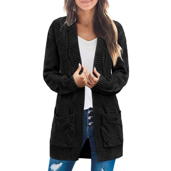 MEROKEETY Women's 2024 Long Sleeve Cable Knit Cardigan Sweaters Open Front Fall Outwear Coat, Black, X-Large