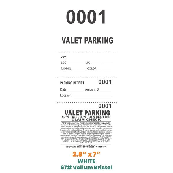 Valet Parking Tickets (1000) - KEY TICKET - PARKING RECEIPT - STUB