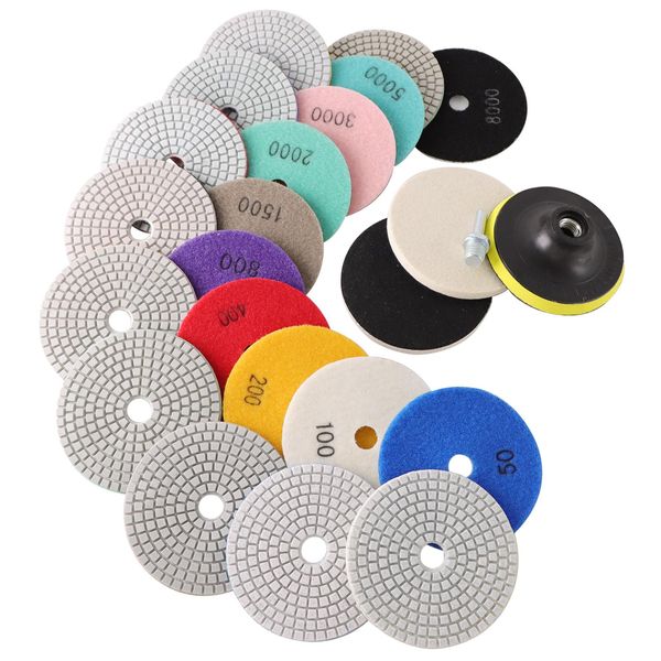 14PACK Diamond Wet Polishing Wheel Set, 100mm Wet/Dry Diamond Polishing Wheels for Granite, Concrete, Tile, Stone Grinding, Mixed Grit 50-8000 Grit Sanding Pads with M14 Backer Pad & 2 Wool Pads