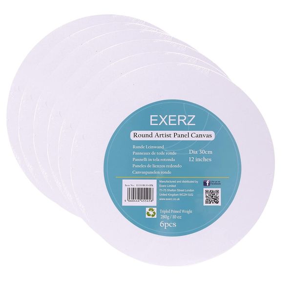 Exerz 30cm Round Canvas Panels 6pcs/ 3mm 280gsm 100% Cotton/Diameter 30cm Blank Artist Canvas Board/Triple Primed/Acid Free/Medium Grain - Oil & Acrylic