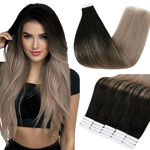 Full Shine Tape in Hair Extensions Human Hair 12 Inch Hair Extensions Real Human Hair Color 1B/18 Black Blonde Hair Extensions Tape in Extensions 20PCS Invisible Tape in Hair Extensions 30g