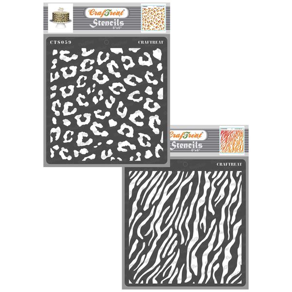 CrafTreat Cheetah and Zebra Stencils for Painting on Wood, Canvas, Paper, Fabric, Floor, Wall Tiles - Cheetah Skin Zebra Skin 2 Pieces 6 x Inch Reusable Craft Stencils