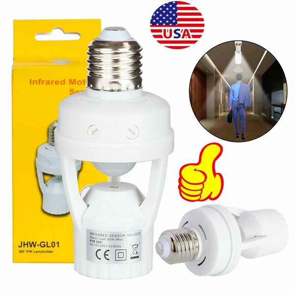 E26/E27 Motion Sensor PIR Infrared LED Light Lamp Bulb Holder Dimmable Socket US