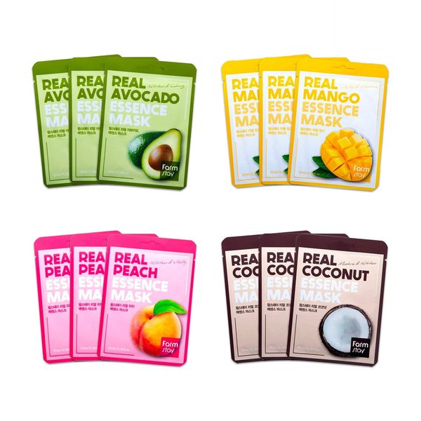 FARMSTAY] Real Essence Mask(12-Combo) - Mango, Coconut, Peach, Avocado | Korean Skin Care Mask Sheet