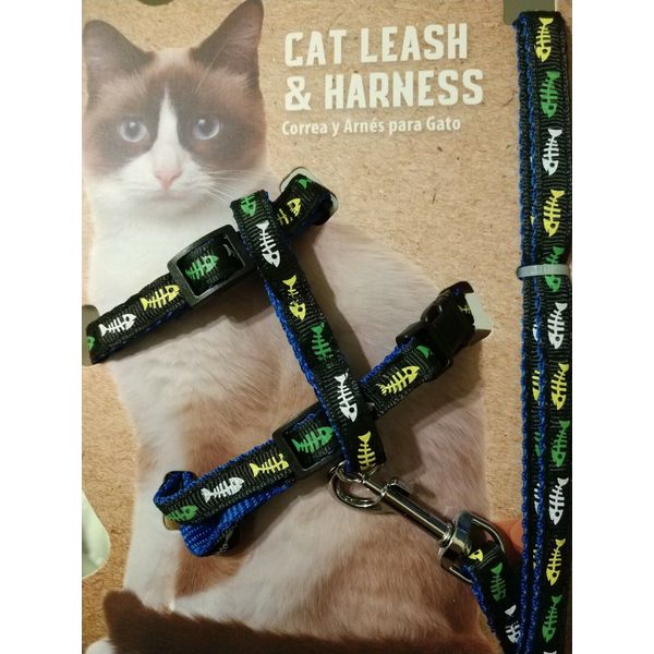 Fish Bone Cat Leash + Harness Set Adjustable Walking Outdoors Kitty Pet Animal