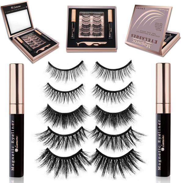 Magnetic Eyelashes with Eyeliner Kit - Magnetic False Eyelashes Multipack with Reusable Natural Magnetic Lashes - 5 Pairs Magnetic Fake Eyelashes, Free Applicator, Mirror & Protective Gift Storage Box