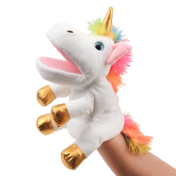 Hopearl Plush Unicorn Hand Puppet with Open Movable Mouth for Imaginative Play, Role Play, Interactive Toy for Storytelling Teaching Puppet Theater, Birthday Gifts for Kids Girls, White, 12''