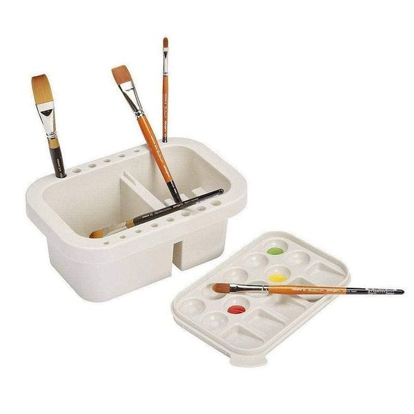 KINGART 902 Multi-Function Paint Brush Washer, Cleaner and Holder, 15 Palette Wells, Lid Plastic - Clean, Dry, Rest, Store, Hold Artist Brushes - Cleaning Acrylic, Watercolor, Oil Painting