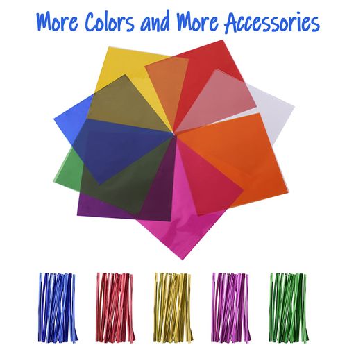 Cinvo 160 Pcs Colored Cellophane Wrap Cellophane Sheets with Twist Ties Cello Wraps Colorful Transparency Sheet for DIY Arts and Crafts, Treats Candy Wrapping Party Supplies (Clear, 7.5 x 7.5 Inch)