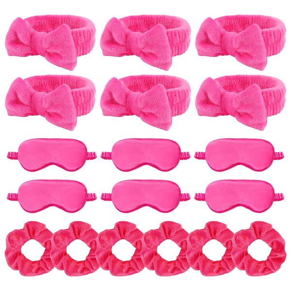 WHAVEL 18 Pcs Sleepover Party Supplies for Girls - Pink Party Favors Include 6 Spa Headband, 6 Silk Eye Mask and 6 Velvet Scrunchies for Spa Birthday, Bachelorette Party, Slumber Wedding (Hot Pink)