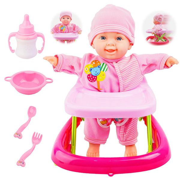 Doll and Baby Walker Set, Learn to Walk Baby Dolls Soft Body Posable & Walking Dolls, Baby Doll with Wheeled Walker Cart and Accessories, Toys Gifts for Toddlers 2 3 4 5+