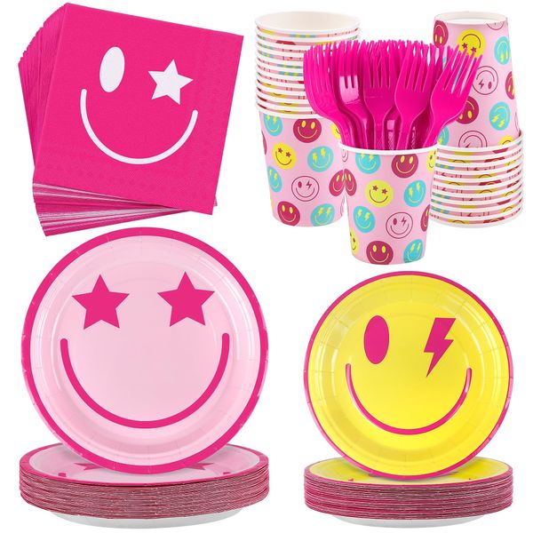 Kochorie 144 Pieces Preppy Smile Party Tableware Sets Including Disposable Plates Napkins Cups Forks Serves 24 for Smile Face Party Birthday Baby Shower Decor Party Supplies