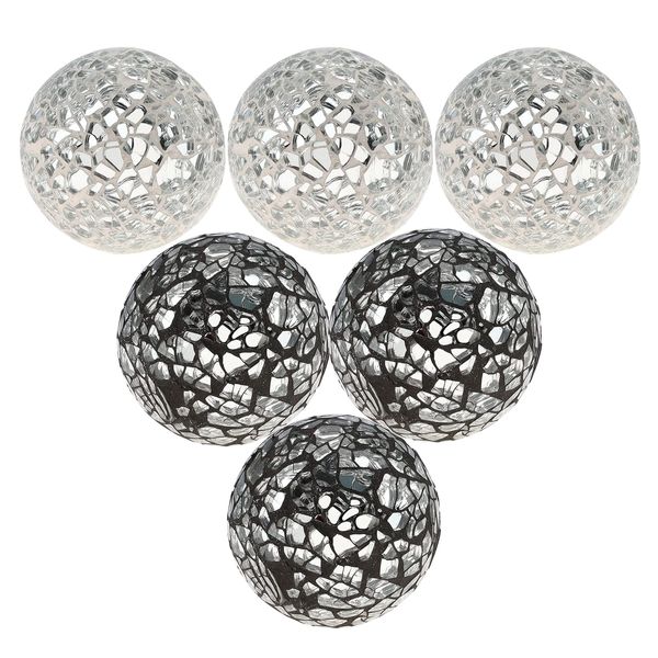 Kepfire 6 Pieces Mosaic Glass Solid Sphere 6cm Crackl Orbs Set for Bowls Vases Dining Table Home Decoration - Silver & Black