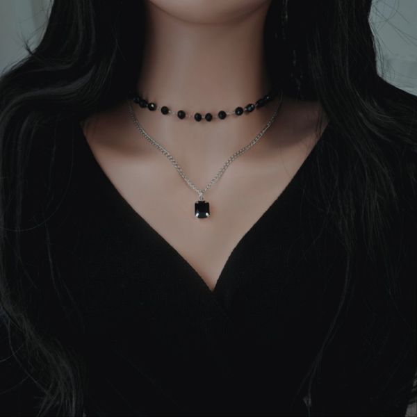 Black Queen Layered Necklace / Black Gemstone Pendant Bead Choker Layering Afave AFAVE CH1086N