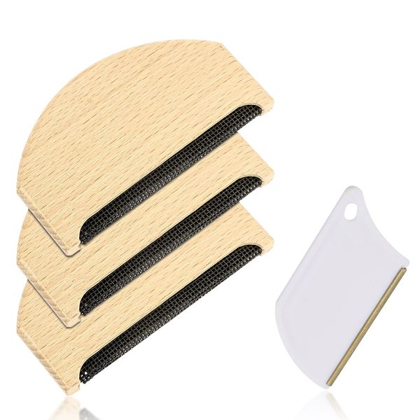 3 wooden cashmere combs, with 1 plastic sweater comb, hair ball remover, portable fabric razor, non-destructive clothing cleaning brush, used for care of fine wool clothing and knitted fabrics