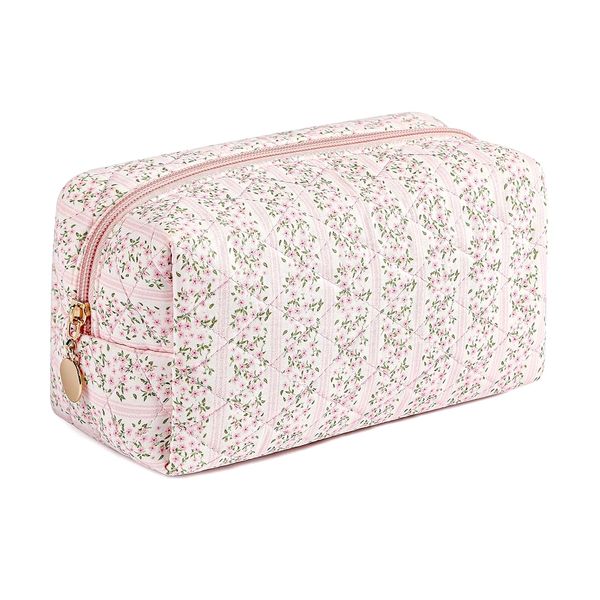 Thoquene Floral Quilted Cosmetic Bag Make Up Bag, pink, Fashion
