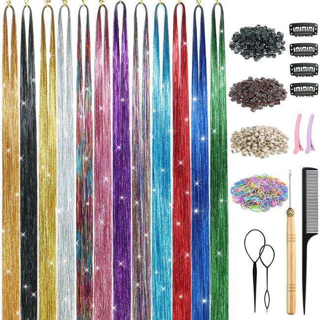 Hair Tinsel Kit 48 Inches Tinsel Hair Extensions Kit with Tools 12 Colors 2400 Strands Fairy Hair Tinsel Heat Resistant Highlights Sparkling Glitter Hair Extensions Hair Tensile Kit for Women Girls