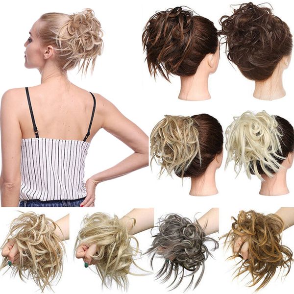 Tousled Updo Messy Bun Hair Piece Scrunchies Synthetic Wavy Bun Extensions Rubber Band Elastic Scrunchie Chignon Instant Ponytail Hairpiece for Women Light Auburn to Brown