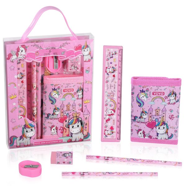 Vicloon Unicorn Stationery Set, Stationery Gift Set, Include 2pcs Pencil Case, rulers, Eraser, Pencil Sharpener and Coin Purse, Unicorn Stationery Sets for Girls and Boys