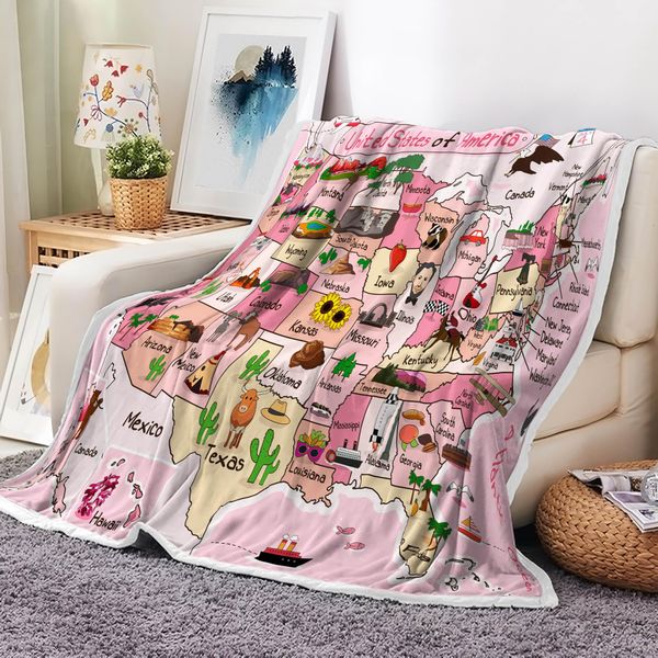 Kids Pink United States Map Throw Blanket, Fun Geography USA Map Camping Blankets and Throws for Bed, Cute Animal Map Fleece Flannel Blanket for Sofa Couch Teen Girls Children Room Decor, 50X60in