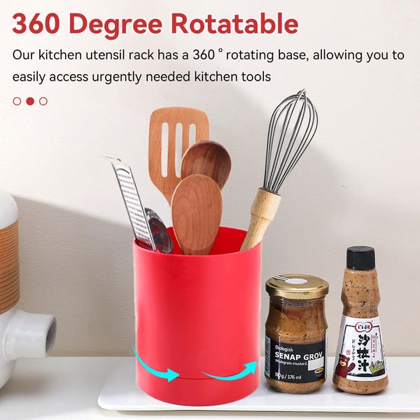 Rotating Utensil Holder, 360° Rotating Red Kitchen Utensils Holder 3 Compartment Countertop Utensil Organiser Utensil Storage Caddy Utensil Crocks Nonslip Cutlery Holder for Kitchen Countertop