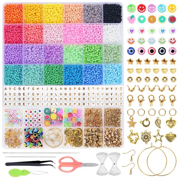 Joymico 8000pcs Glass Seed Beads for Jewelry Making, 3mm Small Seed Beads kit for DIY Bracelets Necklaces Rings, Craft Glass Beads Set with Letter and Smile Beads，Charms, Evil Eyes Beads, Pendants